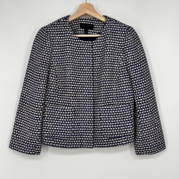 J.Crew Tweed Cropped SIlk Blazer Jacket Women 6 Blue Silver Metallic Weave 96539 - Picture 1 of 11